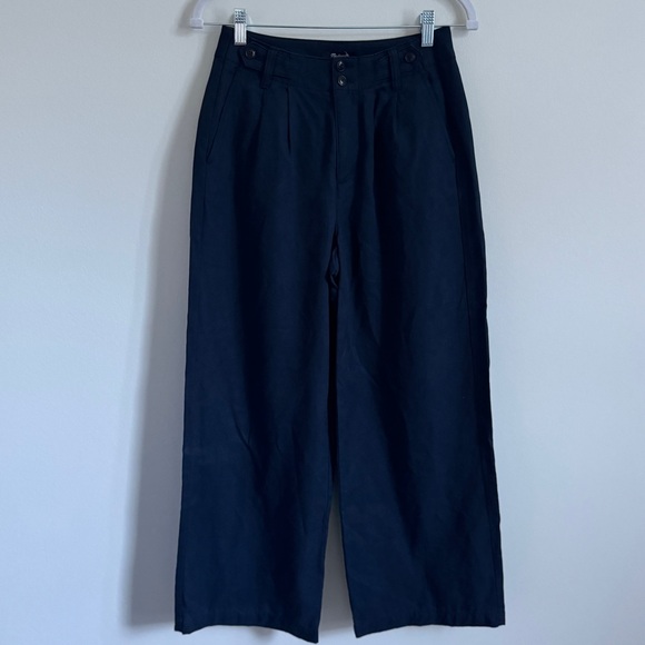 Madewell Wide Leg Harlow Pant Size 00 Petite NH266 Indigo Navy Blue Linen - Picture 2 of 9